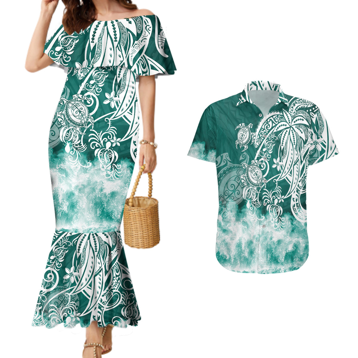 Polynesian Sea Turtle Couples Matching Mermaid Dress And Hawaiian Shirt Tribal Green LT6 - Wonder Print Shop