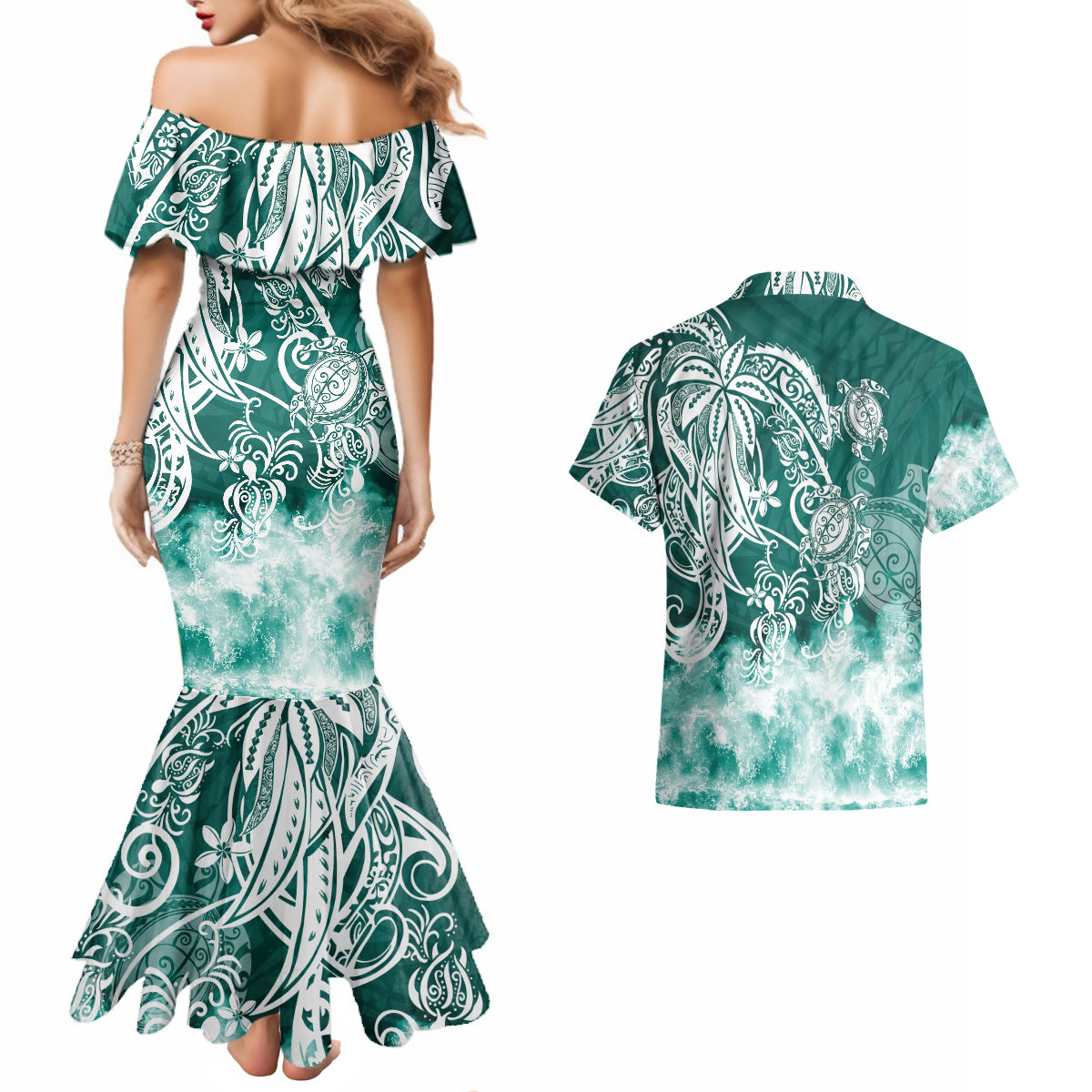 Polynesian Sea Turtle Couples Matching Mermaid Dress And Hawaiian Shirt Tribal Green LT6 - Wonder Print Shop