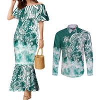polynesian-sea-turtle-couples-matching-mermaid-dress-and-long-sleeve-button-shirts-tribal-green