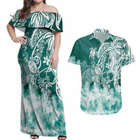 Polynesian Sea Turtle Couples Matching Off Shoulder Maxi Dress and Hawaiian Shirt Tribal Green LT6 - Wonder Print Shop