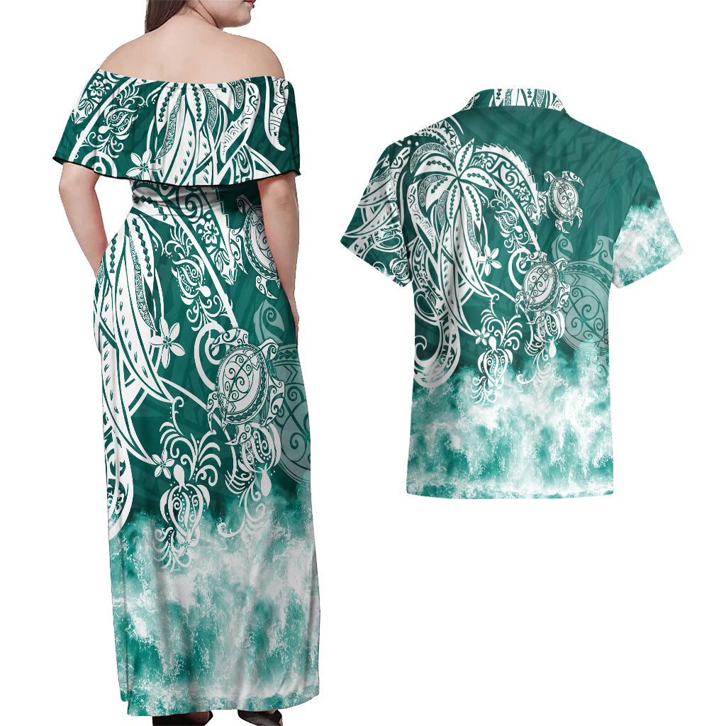 Polynesian Sea Turtle Couples Matching Off Shoulder Maxi Dress and Hawaiian Shirt Tribal Green LT6 - Wonder Print Shop