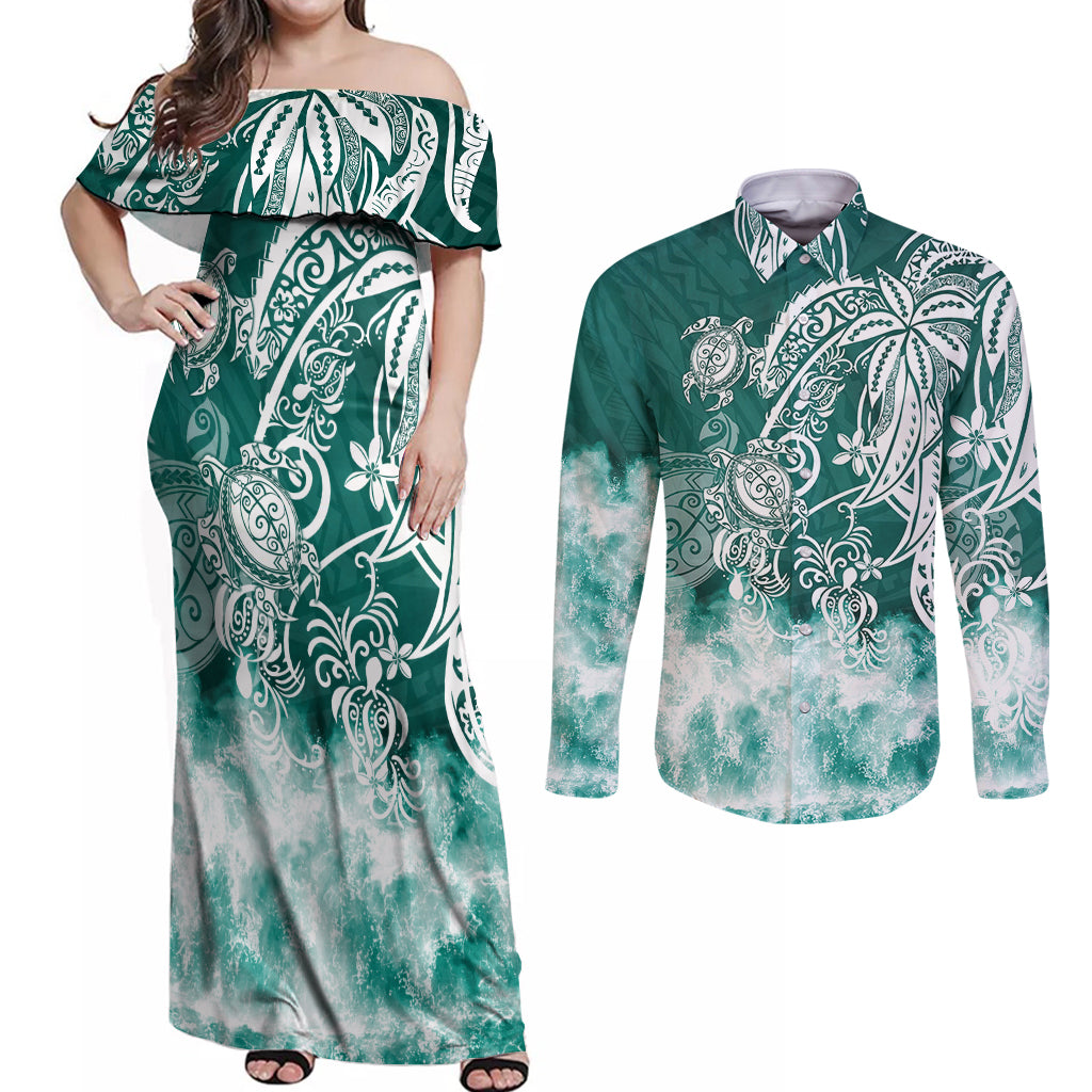 Polynesian Sea Turtle Couples Matching Off Shoulder Maxi Dress and Long Sleeve Button Shirts Tribal Green LT6 - Wonder Print Shop