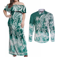 Polynesian Sea Turtle Couples Matching Off Shoulder Maxi Dress and Long Sleeve Button Shirts Tribal Green LT6 - Wonder Print Shop