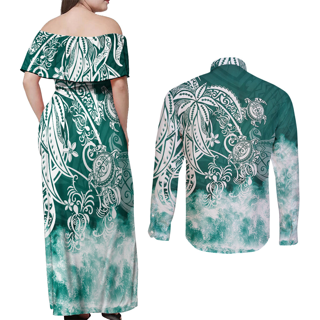 Polynesian Sea Turtle Couples Matching Off Shoulder Maxi Dress and Long Sleeve Button Shirts Tribal Green LT6 - Wonder Print Shop