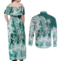 Polynesian Sea Turtle Couples Matching Off Shoulder Maxi Dress and Long Sleeve Button Shirts Tribal Green LT6 - Wonder Print Shop