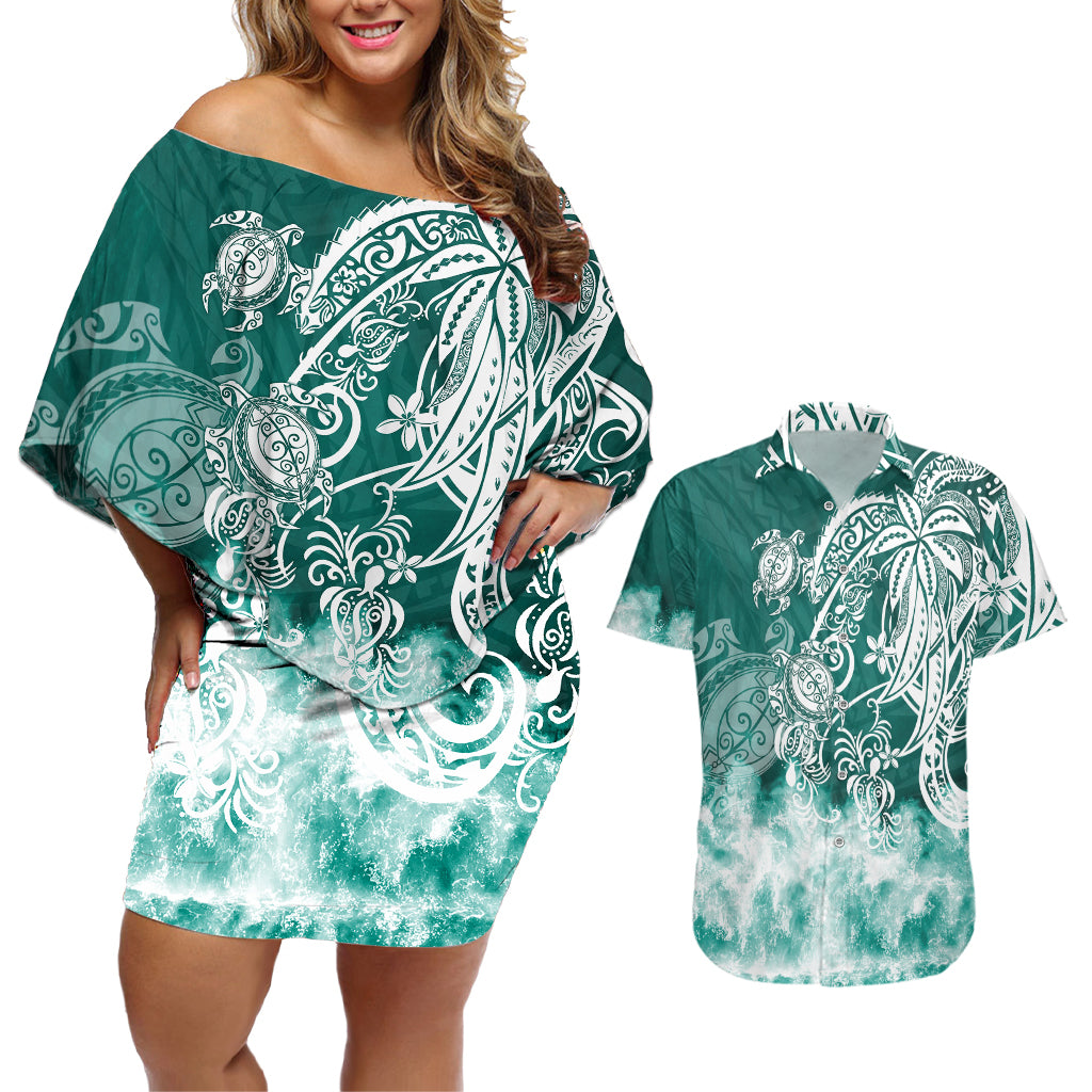 Polynesian Sea Turtle Couples Matching Off Shoulder Short Dress and Hawaiian Shirt Tribal Green LT6 - Wonder Print Shop
