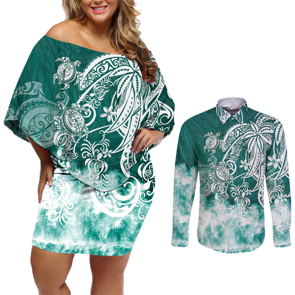 Polynesian Sea Turtle Couples Matching Off Shoulder Short Dress and Long Sleeve Button Shirts Tribal Green LT6 - Wonder Print Shop
