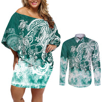 Polynesian Sea Turtle Couples Matching Off Shoulder Short Dress and Long Sleeve Button Shirts Tribal Green LT6 - Wonder Print Shop
