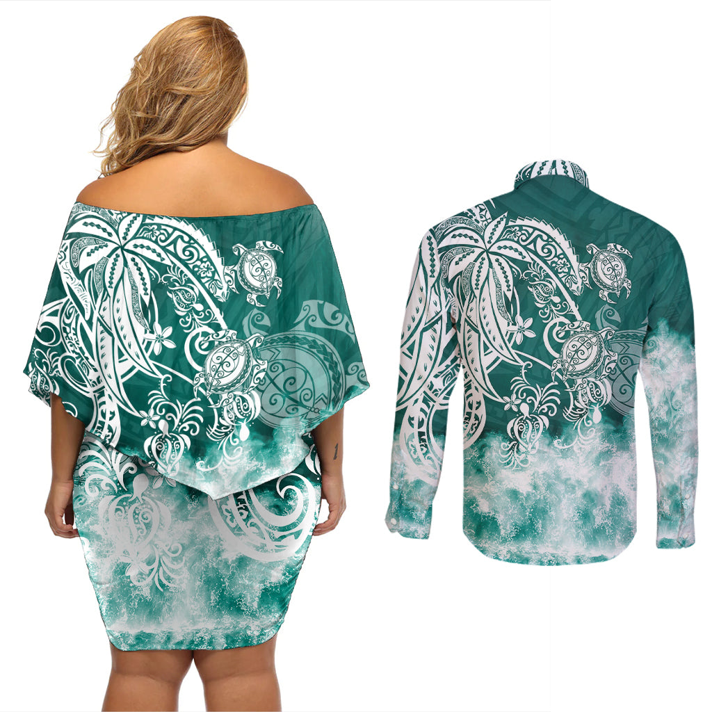 Polynesian Sea Turtle Couples Matching Off Shoulder Short Dress and Long Sleeve Button Shirts Tribal Green LT6 - Wonder Print Shop