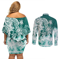 Polynesian Sea Turtle Couples Matching Off Shoulder Short Dress and Long Sleeve Button Shirts Tribal Green LT6 - Wonder Print Shop