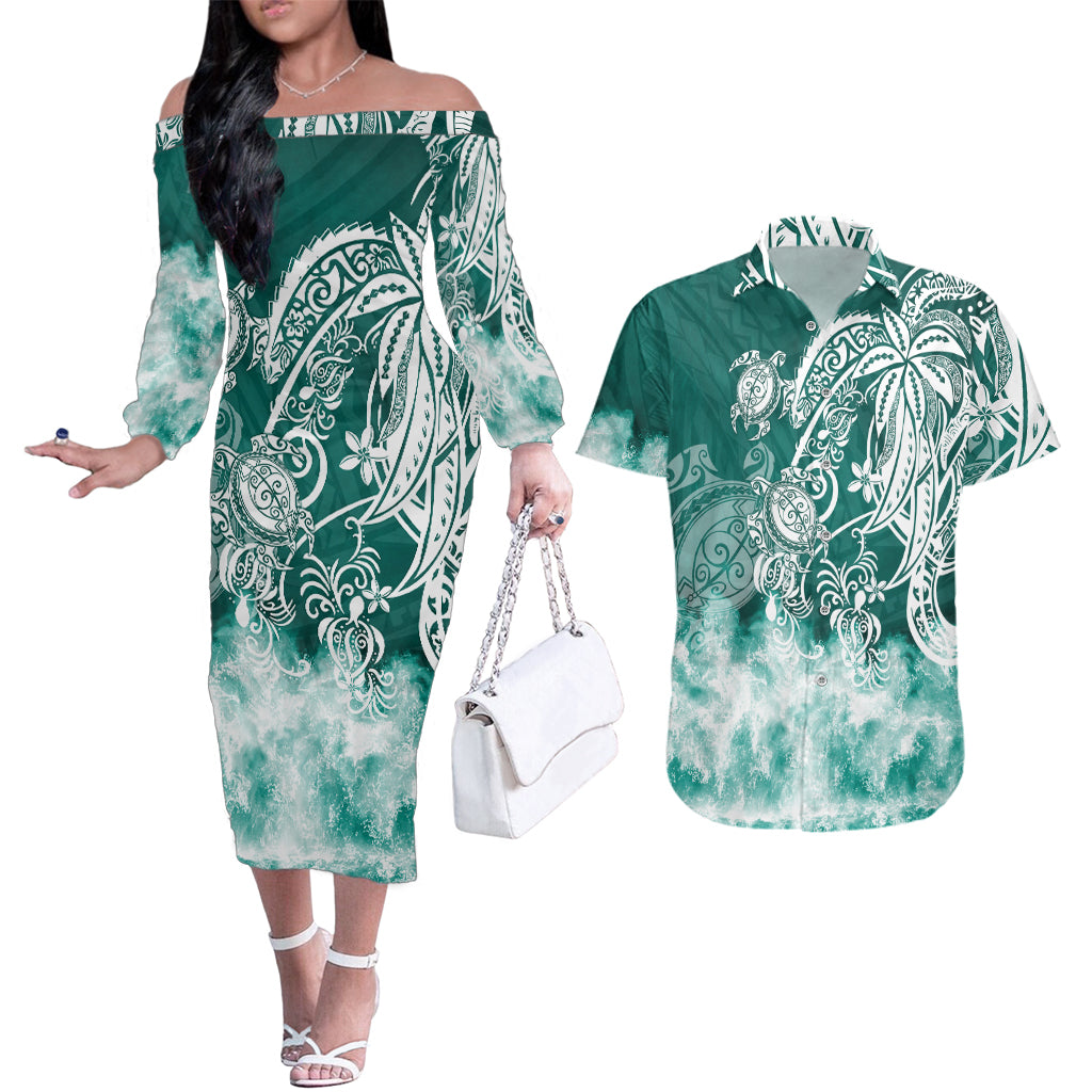 Polynesian Sea Turtle Couples Matching Off The Shoulder Long Sleeve Dress and Hawaiian Shirt Tribal Green LT6 - Wonder Print Shop