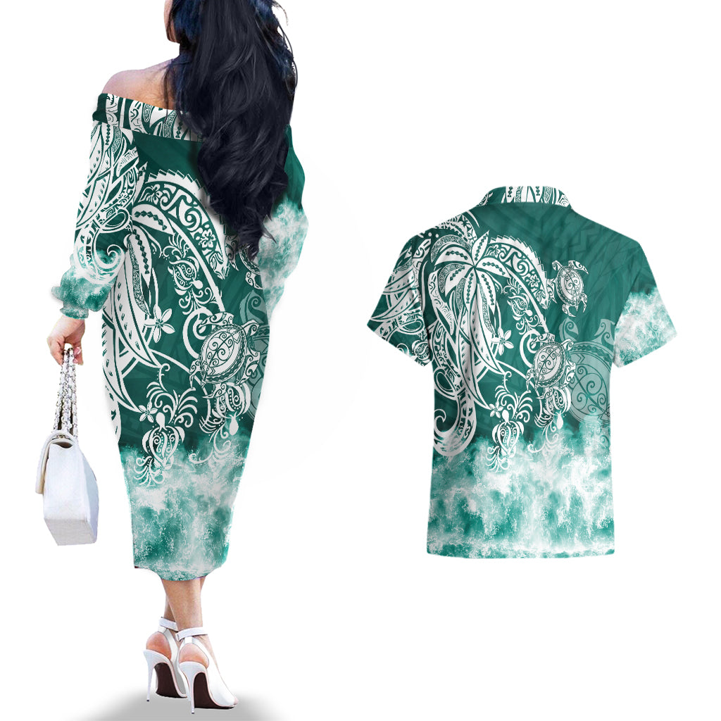 Polynesian Sea Turtle Couples Matching Off The Shoulder Long Sleeve Dress and Hawaiian Shirt Tribal Green LT6 - Wonder Print Shop