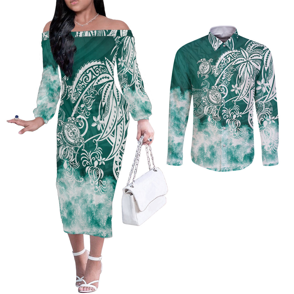 polynesian-sea-turtle-couples-matching-off-the-shoulder-long-sleeve-dress-and-long-sleeve-button-shirts-tribal-green