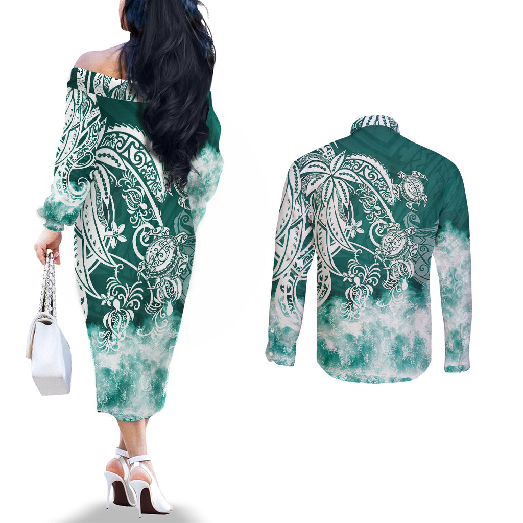 polynesian-sea-turtle-couples-matching-off-the-shoulder-long-sleeve-dress-and-long-sleeve-button-shirts-tribal-green