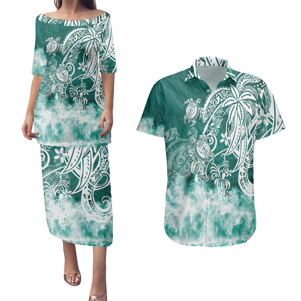 Polynesian Sea Turtle Couples Matching Puletasi Dress and Hawaiian Shirt Tribal Green LT6 - Wonder Print Shop