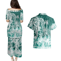 Polynesian Sea Turtle Couples Matching Puletasi Dress and Hawaiian Shirt Tribal Green LT6 - Wonder Print Shop