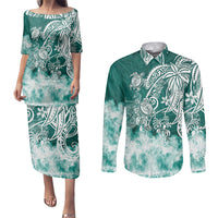 Polynesian Sea Turtle Couples Matching Puletasi Dress and Long Sleeve Button Shirts Tribal Green LT6 - Wonder Print Shop