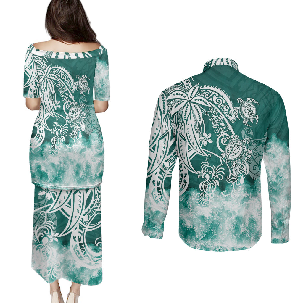 Polynesian Sea Turtle Couples Matching Puletasi Dress and Long Sleeve Button Shirts Tribal Green LT6 - Wonder Print Shop