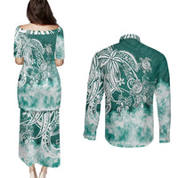 Polynesian Sea Turtle Couples Matching Puletasi Dress and Long Sleeve Button Shirts Tribal Green LT6 - Wonder Print Shop