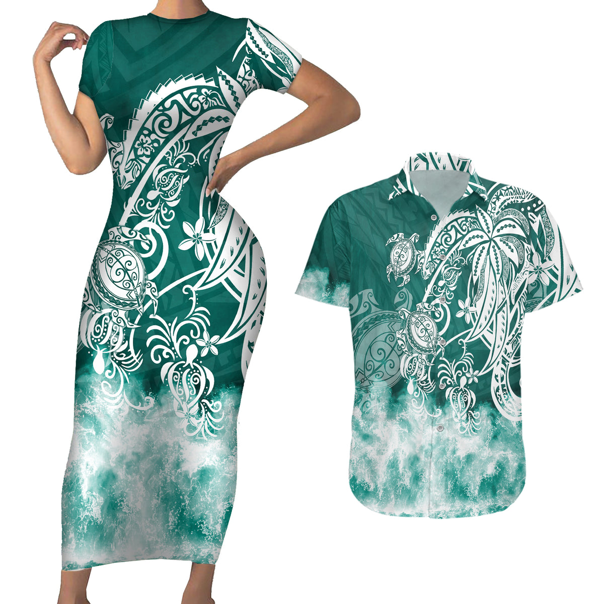 Polynesian Sea Turtle Couples Matching Short Sleeve Bodycon Dress and Hawaiian Shirt Tribal Green LT6 - Wonder Print Shop