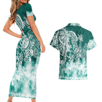 Polynesian Sea Turtle Couples Matching Short Sleeve Bodycon Dress and Hawaiian Shirt Tribal Green LT6 - Wonder Print Shop
