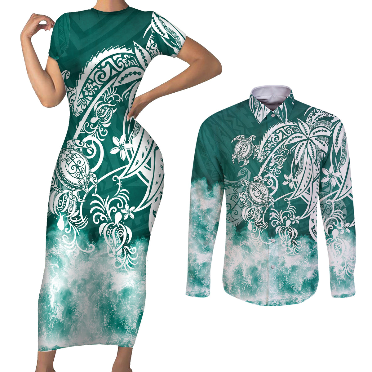 Polynesian Sea Turtle Couples Matching Short Sleeve Bodycon Dress and Long Sleeve Button Shirts Tribal Green LT6 - Wonder Print Shop