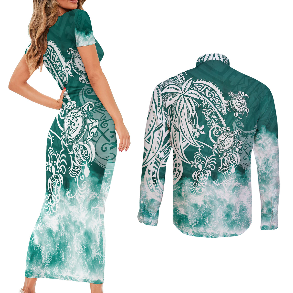 Polynesian Sea Turtle Couples Matching Short Sleeve Bodycon Dress and Long Sleeve Button Shirts Tribal Green LT6 - Wonder Print Shop