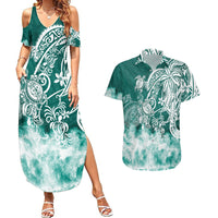 Polynesian Sea Turtle Couples Matching Summer Maxi Dress and Hawaiian Shirt Tribal Green LT6 - Wonder Print Shop