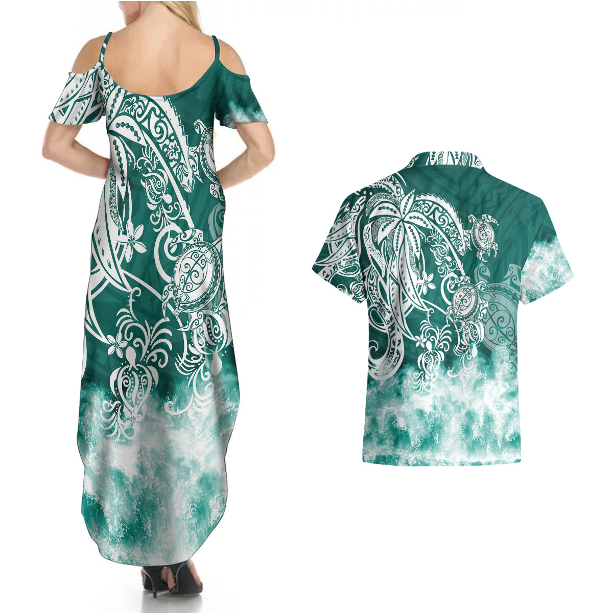 Polynesian Sea Turtle Couples Matching Summer Maxi Dress and Hawaiian Shirt Tribal Green LT6 - Wonder Print Shop