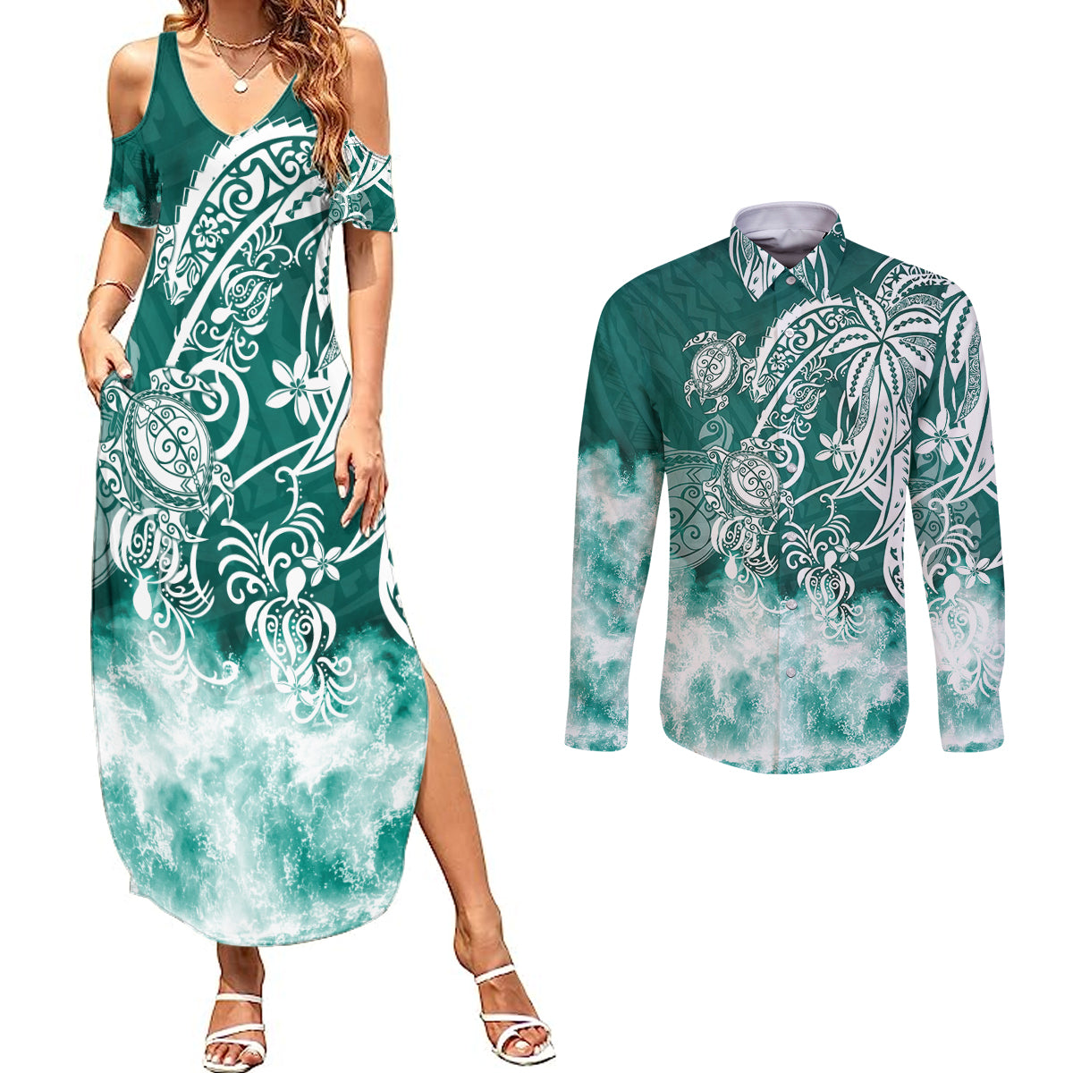 Polynesian Sea Turtle Couples Matching Summer Maxi Dress and Long Sleeve Button Shirts Tribal Green LT6 - Wonder Print Shop