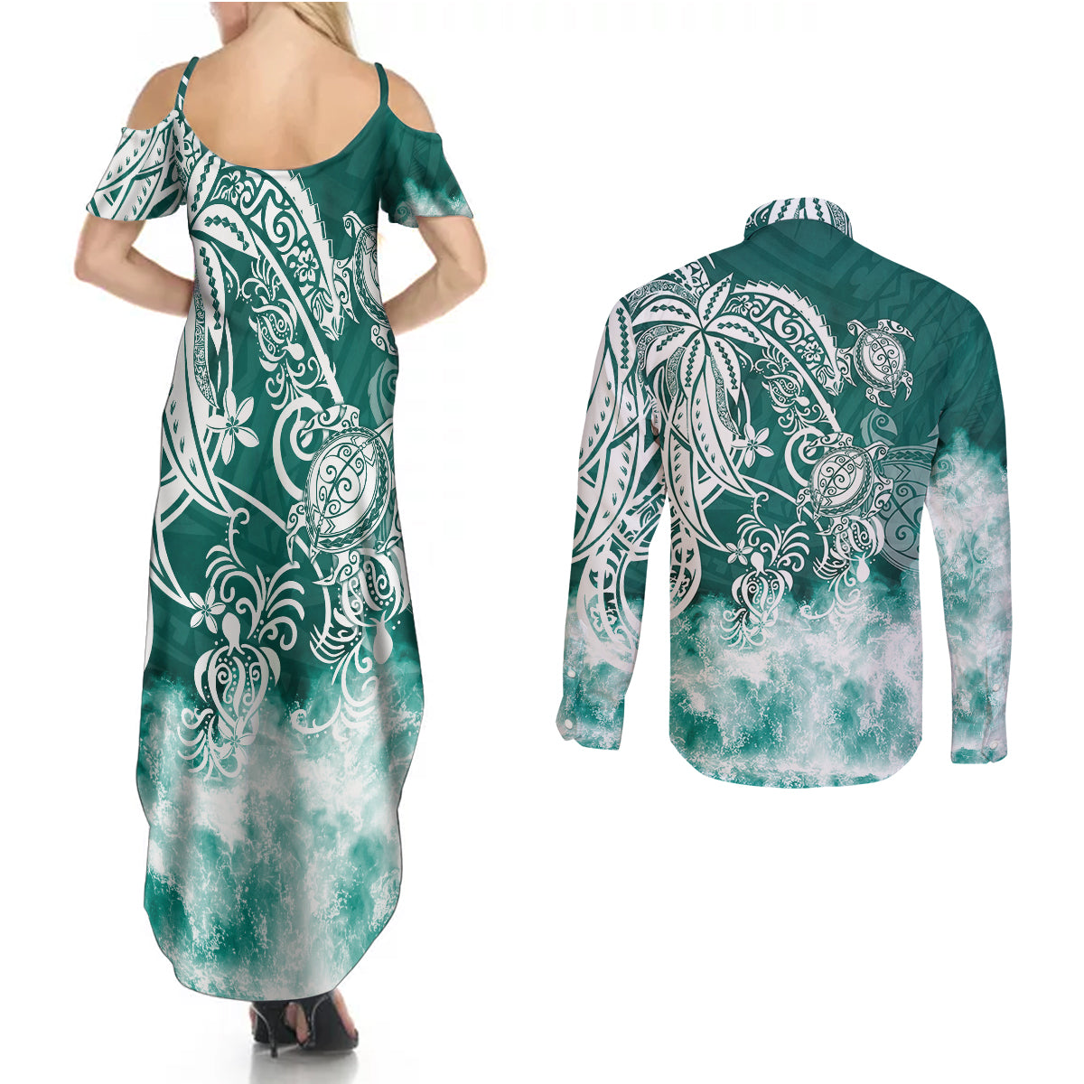 Polynesian Sea Turtle Couples Matching Summer Maxi Dress and Long Sleeve Button Shirts Tribal Green LT6 - Wonder Print Shop