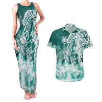 Polynesian Sea Turtle Couples Matching Tank Maxi Dress And Hawaiian Shirt Tribal Green LT6 - Wonder Print Shop