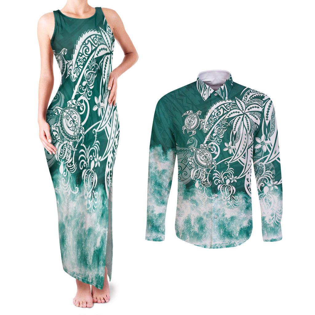 Polynesian Sea Turtle Couples Matching Tank Maxi Dress and Long Sleeve Button Shirts Tribal Green LT6 - Wonder Print Shop