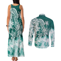 Polynesian Sea Turtle Couples Matching Tank Maxi Dress and Long Sleeve Button Shirts Tribal Green LT6 - Wonder Print Shop