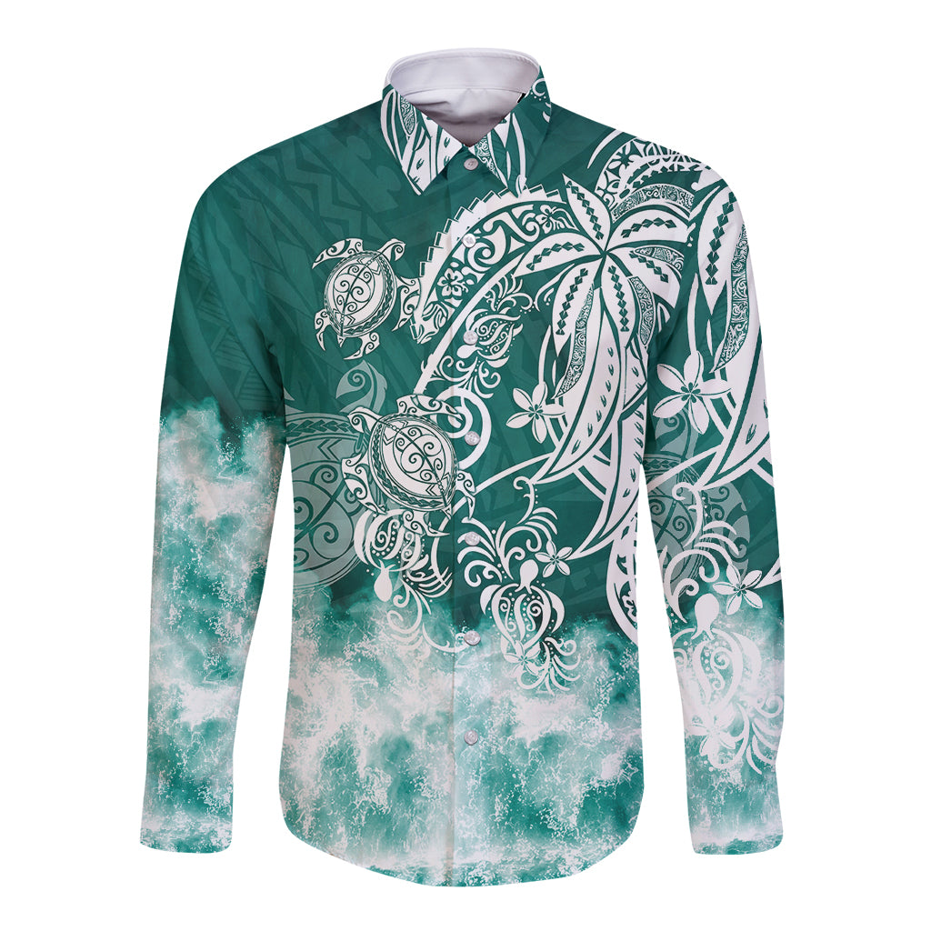 Polynesian Sea Turtle Long Sleeve Button Shirt Tribal Green LT6 - Wonder Print Shop