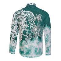 Polynesian Sea Turtle Long Sleeve Button Shirt Tribal Green LT6 - Wonder Print Shop