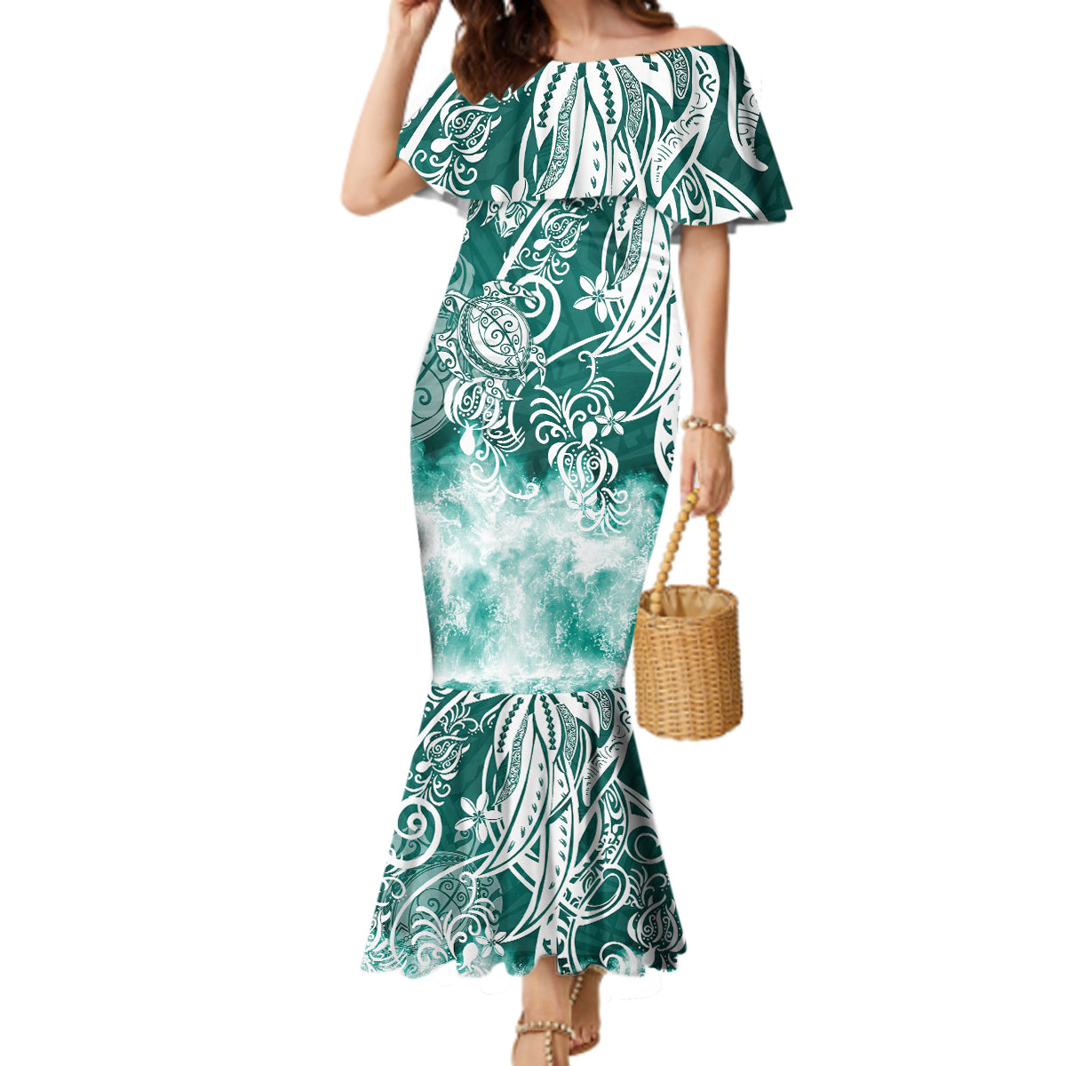 Polynesian Sea Turtle Mermaid Dress Tribal Green LT6 - Wonder Print Shop