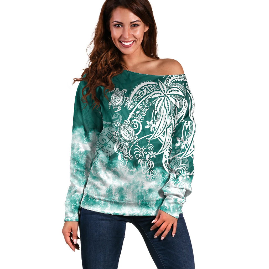 Polynesian Sea Turtle Off Shoulder Sweater Tribal Green LT6 - Wonder Print Shop