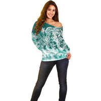 Polynesian Sea Turtle Off Shoulder Sweater Tribal Green LT6 - Wonder Print Shop