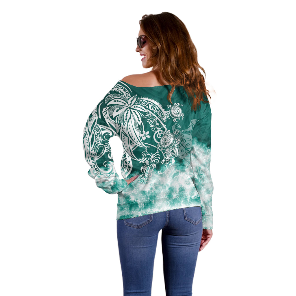 Polynesian Sea Turtle Off Shoulder Sweater Tribal Green LT6 - Wonder Print Shop