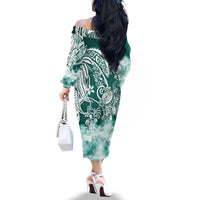 Polynesian Sea Turtle Off The Shoulder Long Sleeve Dress Tribal Green LT6 - Wonder Print Shop