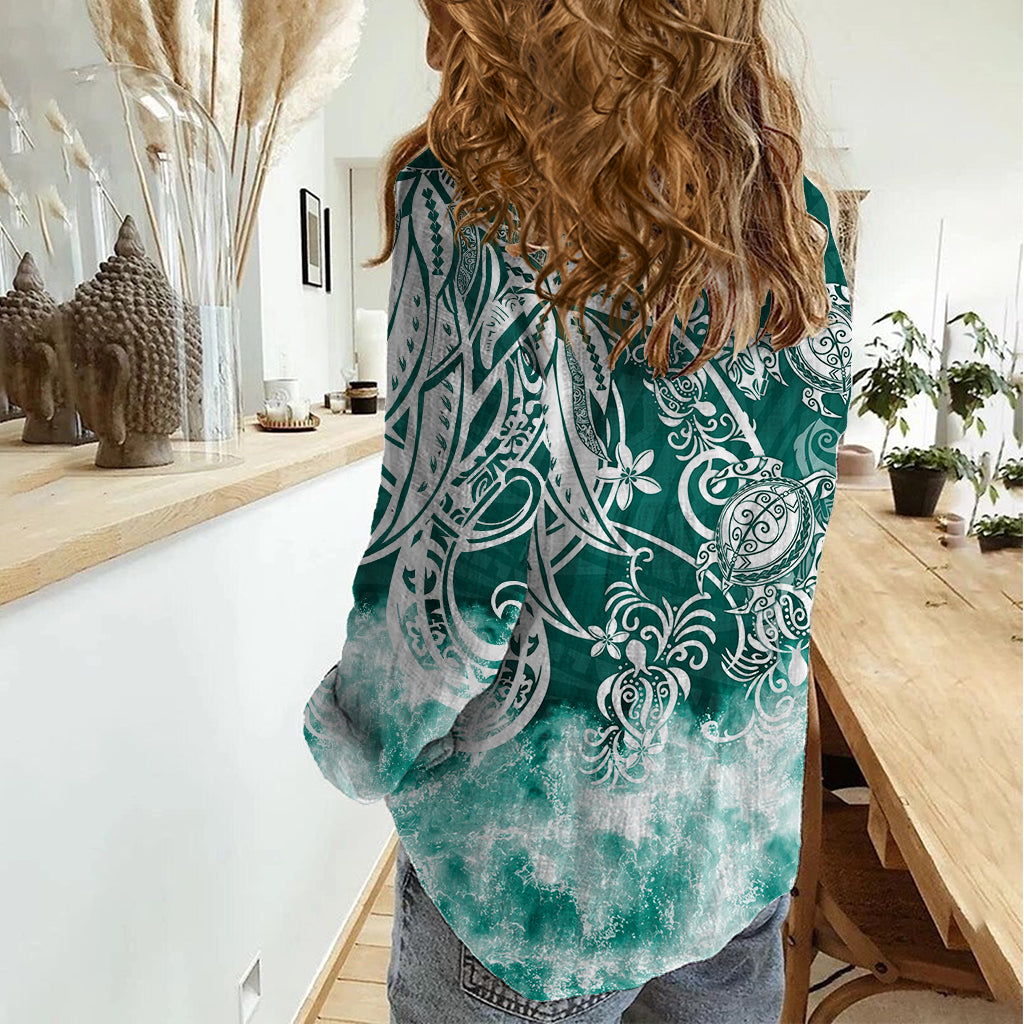 Polynesian Sea Turtle Women Casual Shirt Tribal Green LT6 - Wonder Print Shop