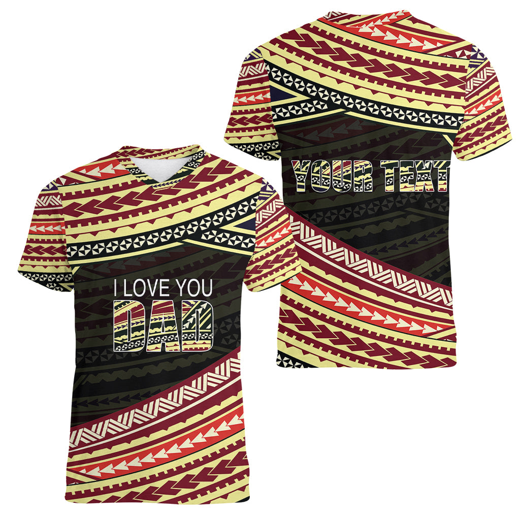 (Custom Personalised) Happy Fathers Day Polynesian Women V Neck T Shirt I Love You Dad LT6 - Wonder Print Shop