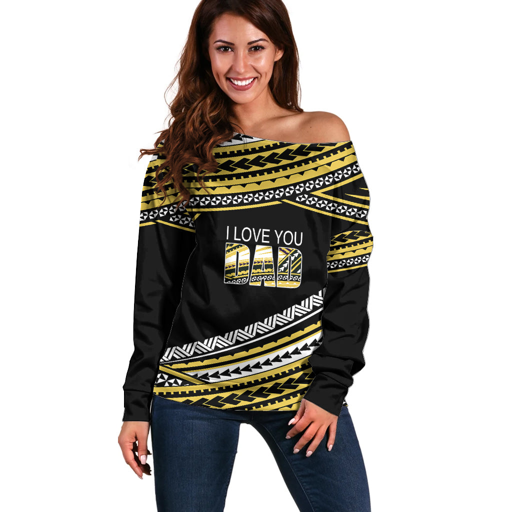 (Custom Personalised) Happy Fathers Day Polynesian Off Shoulder Sweater I Love You Dad Gold LT6 - Wonder Print Shop