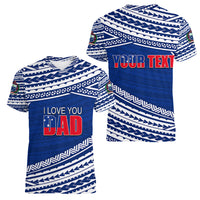 (Custom Personalised) Happy Fathers Day Samoa Women V Neck T Shirt I Love You Dad Blue LT6 - Wonder Print Shop