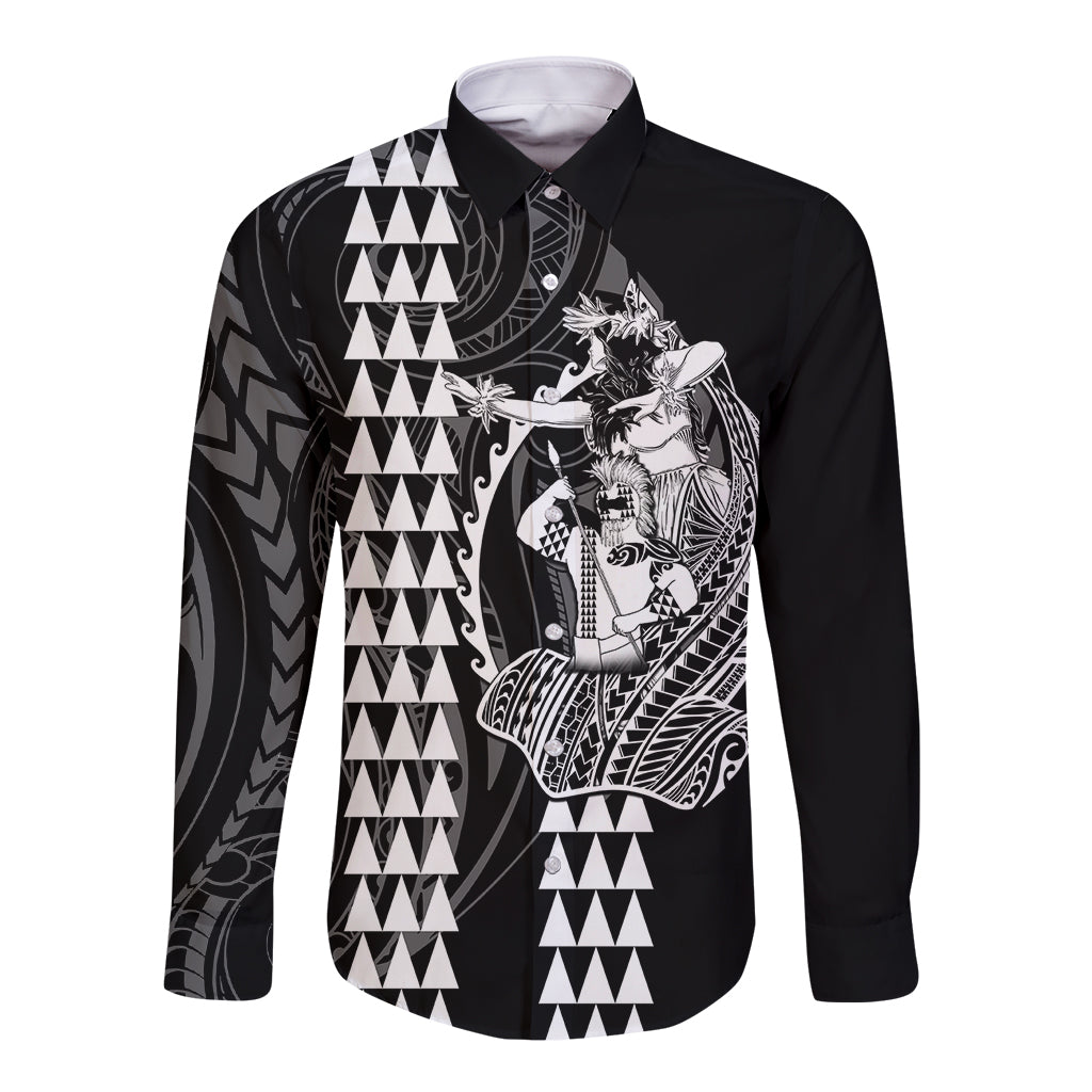 Polynesian Long Sleeve Button Shirt Hawaiian Warrior and Aloha Girl With Hammerhead Shark Tattoos White LT6 - Wonder Print Shop