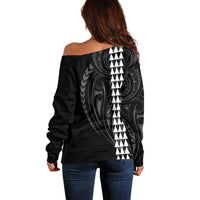 Polynesian Off Shoulder Sweater Hawaiian Warrior and Aloha Girl With Hammerhead Shark Tattoos White LT6 - Wonder Print Shop