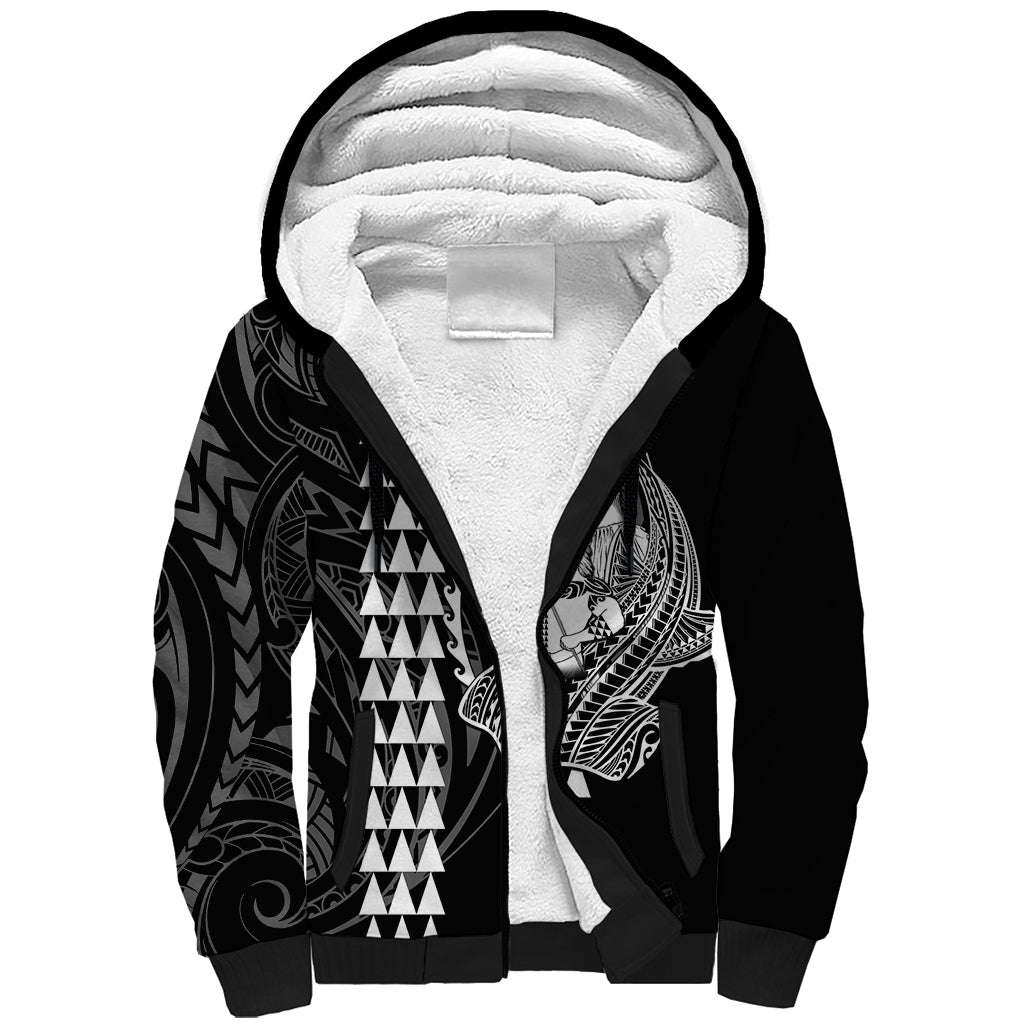 Polynesian Sherpa Hoodie Hawaiian Warrior and Aloha Girl With Hammerhead Shark Tattoos White LT6 - Wonder Print Shop