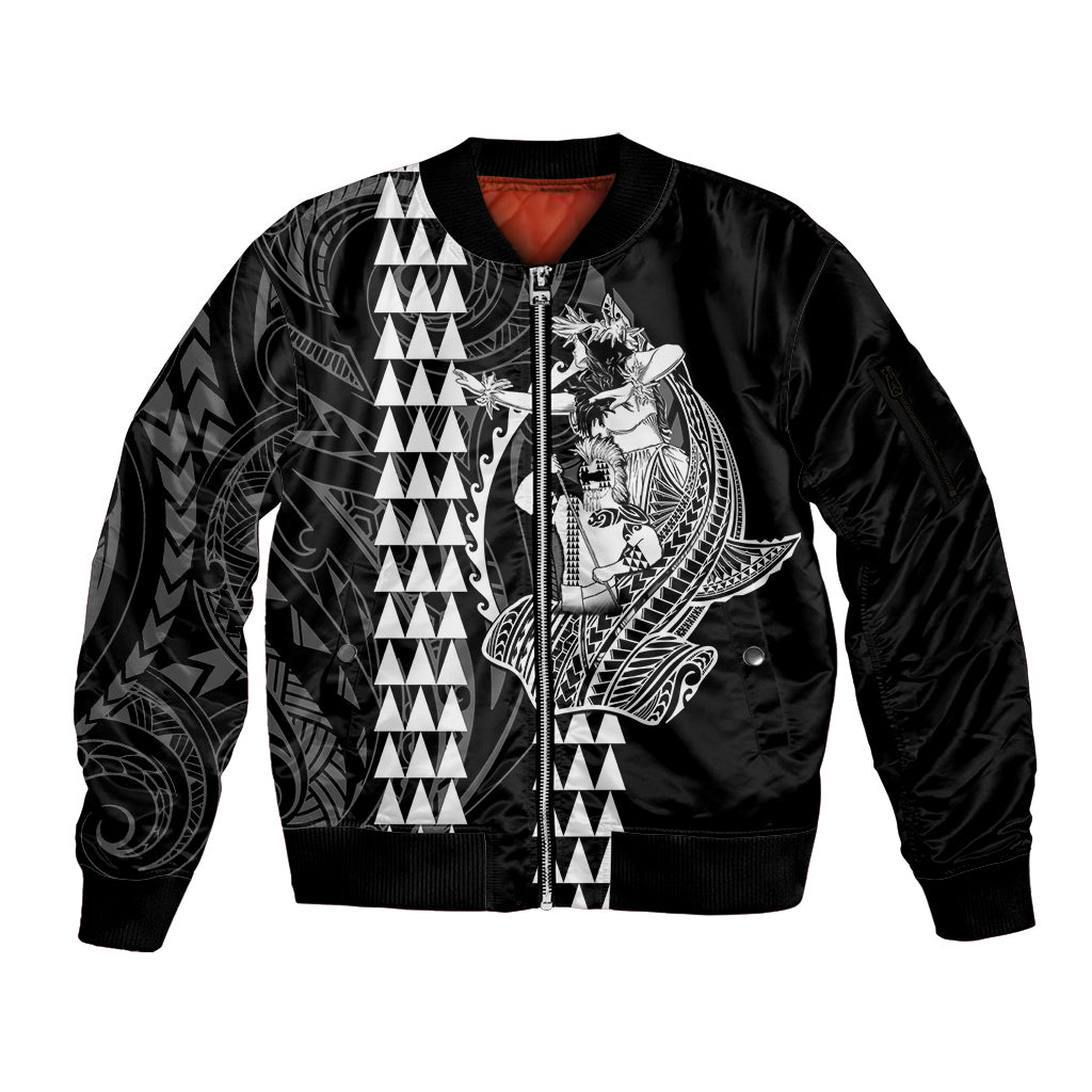 Polynesian Sleeve Zip Bomber Jacket Hawaiian Warrior and Aloha Girl With Hammerhead Shark Tattoos White LT6 - Wonder Print Shop