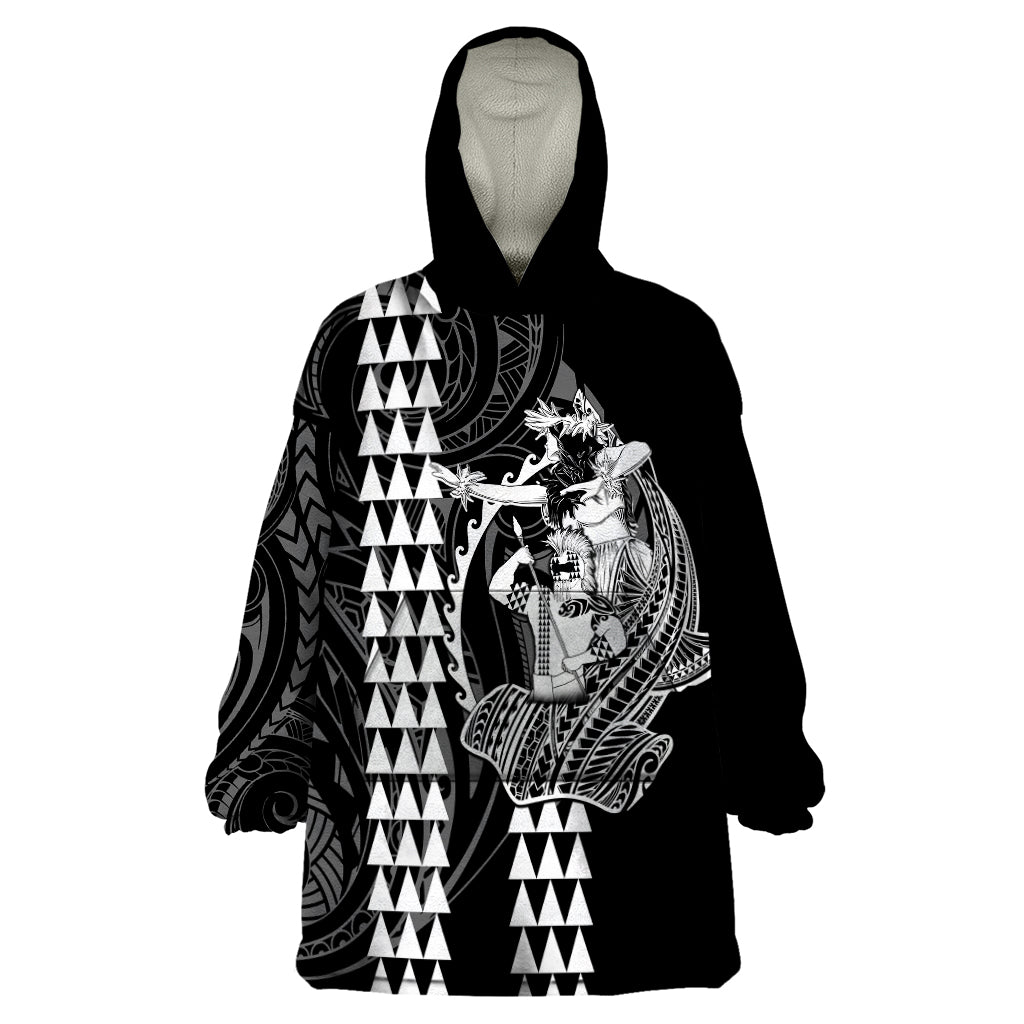 Polynesian Wearable Blanket Hoodie Hawaiian Warrior and Aloha Girl With Hammerhead Shark Tattoos White LT6 - Wonder Print Shop